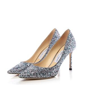 JIMMY CHOO Glitter Pointy Toe Romy 85 Pumps Bubblegum Mix Size 38.5 Ultralux